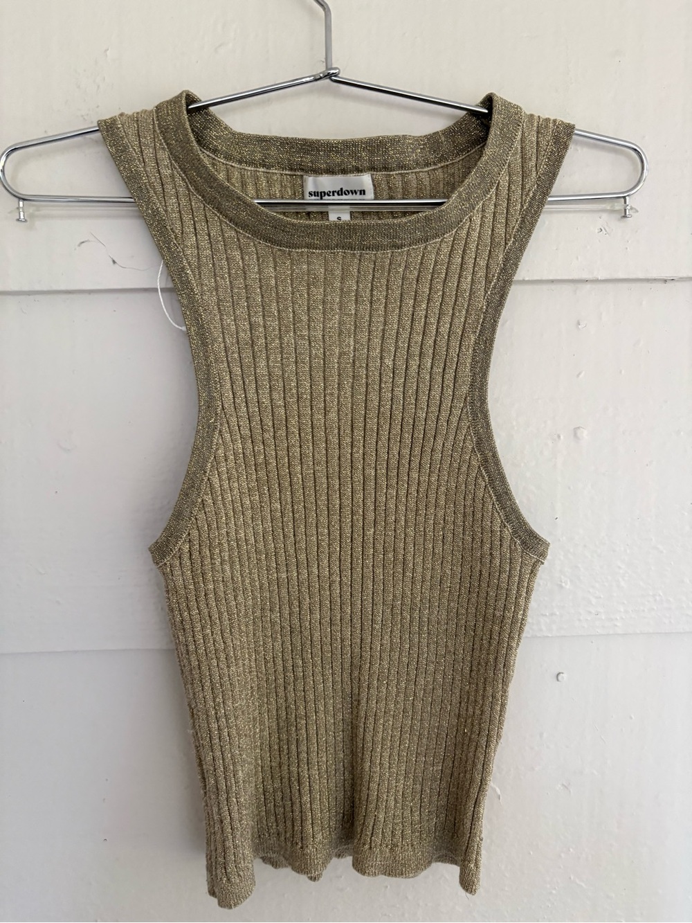 Superdown Gold Metallic Ribbed Knit Tank Top Small Sleeveless Going Out Y2K
